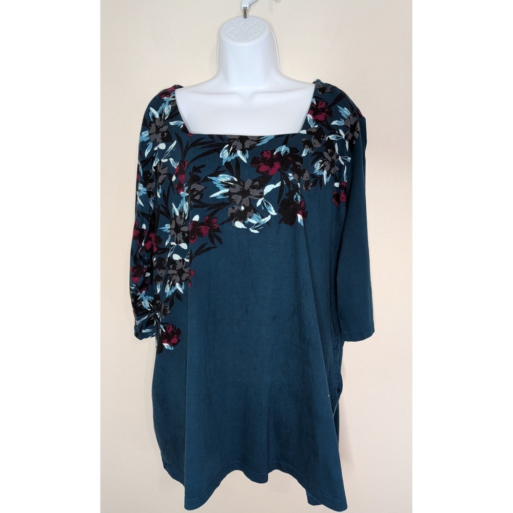 Ulla Popken Size 2X (20/22) Floral Print Square Neck A-line Knit Tunic Shirt